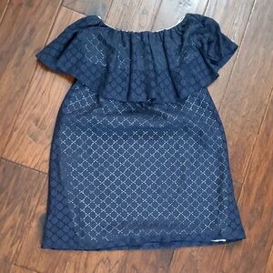 NWT DeJa Vu strapless navy blue dot lace top over cream shell size Medium